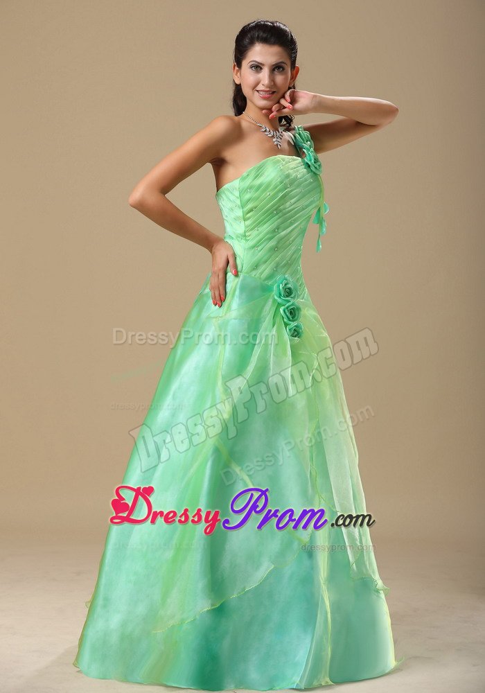 Cute One Shoulder Ruched Apple Green Prom Dress with Flowers