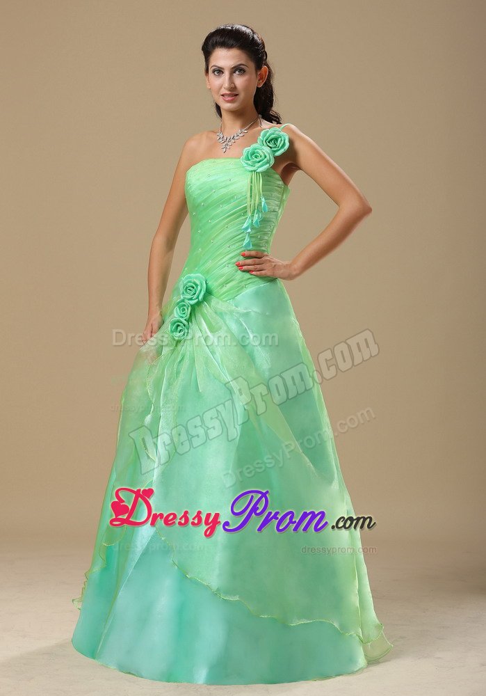 Cute One Shoulder Ruched Apple Green Prom Dress with Flowers