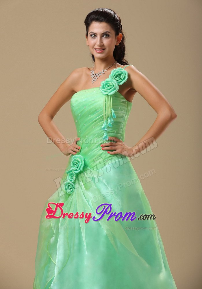 Cute One Shoulder Ruched Apple Green Prom Dress with Flowers