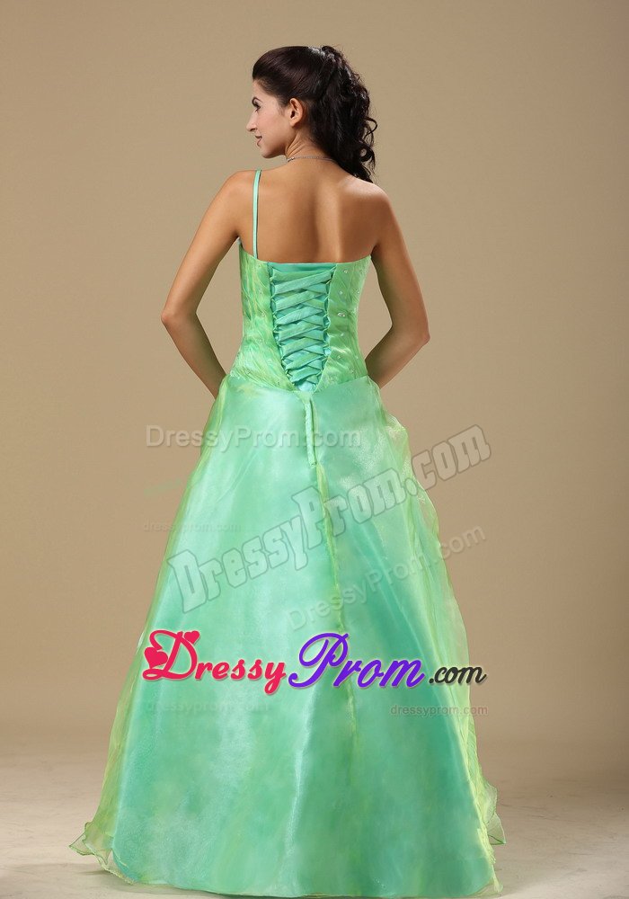 Cute One Shoulder Ruched Apple Green Prom Dress with Flowers