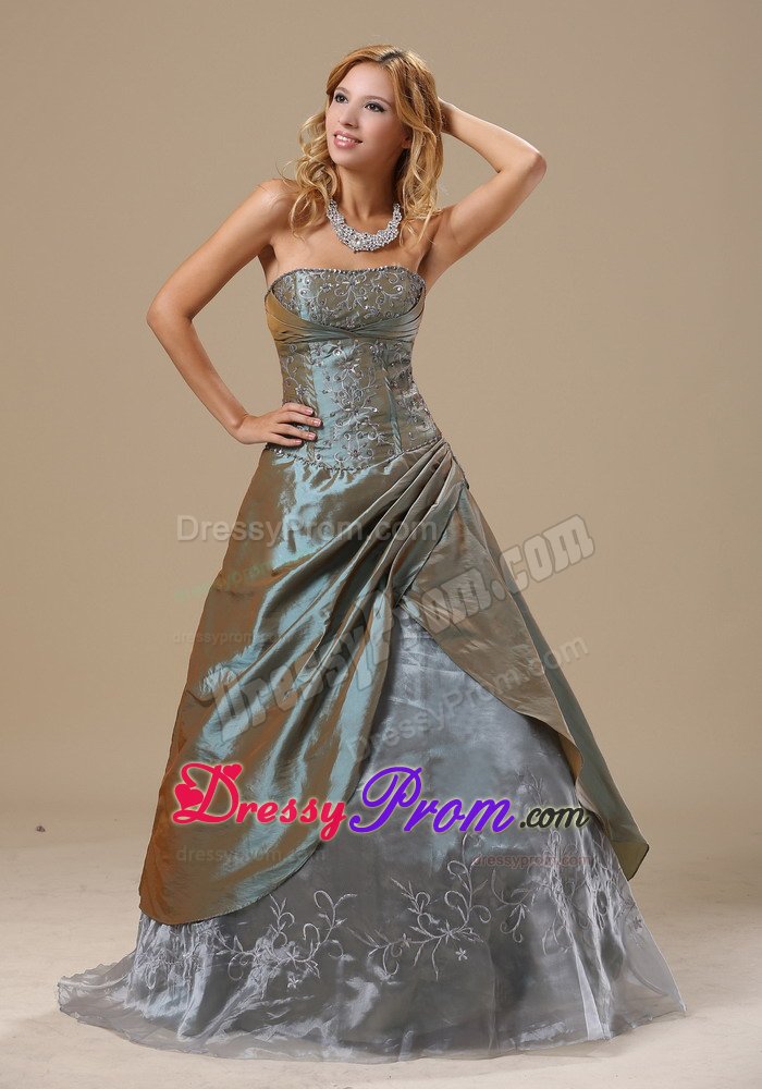 Customized Olive Green Embroidery Strapless Prom Evening Dress