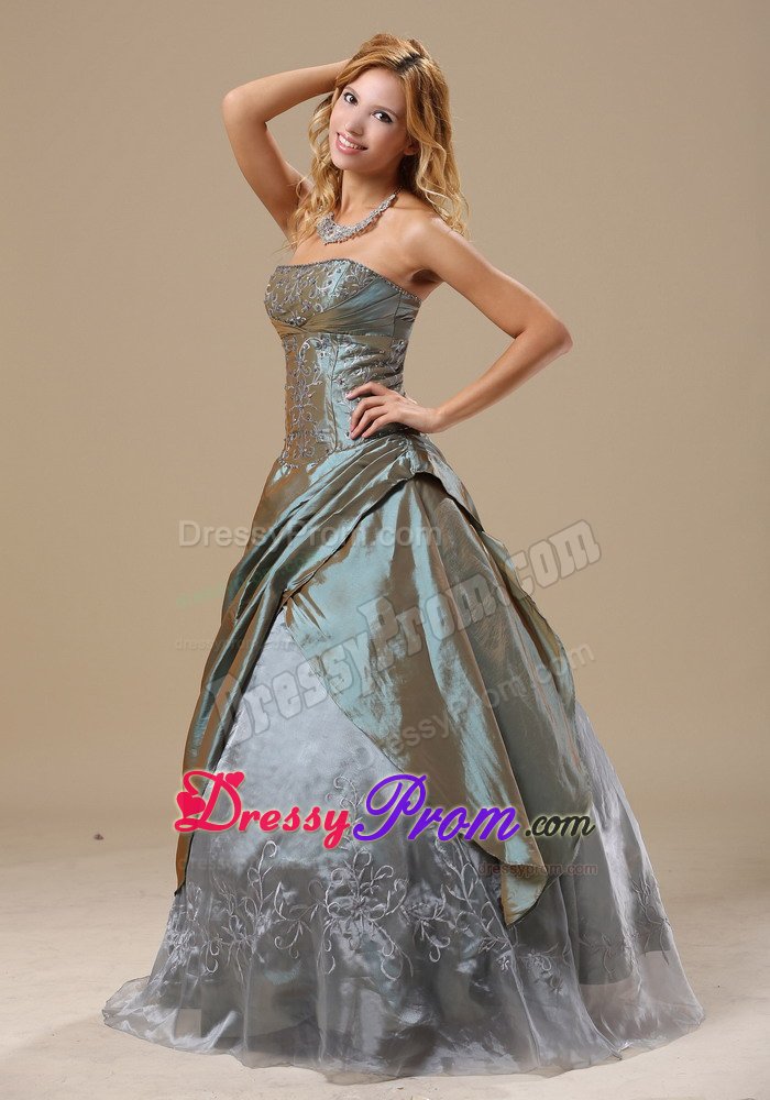 Customized Olive Green Embroidery Strapless Prom Evening Dress
