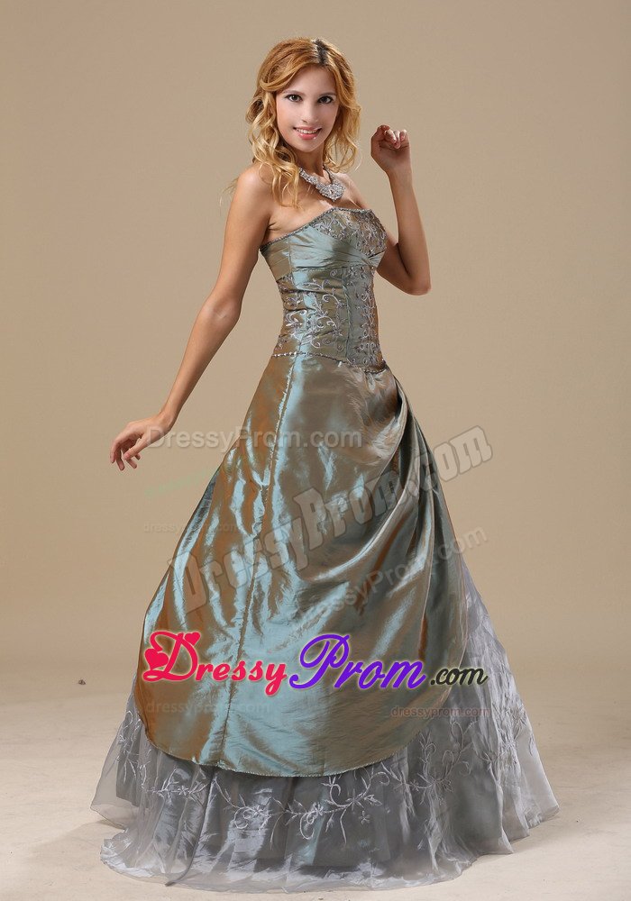 Customized Olive Green Embroidery Strapless Prom Evening Dress