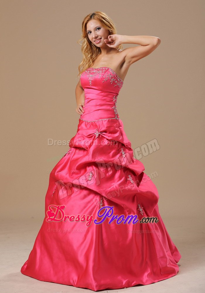 Cheap A-line Appliqued Ruched Pick Ups Prom Dress Coral Red