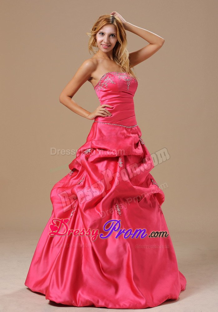 Cheap A-line Appliqued Ruched Pick Ups Prom Dress Coral Red