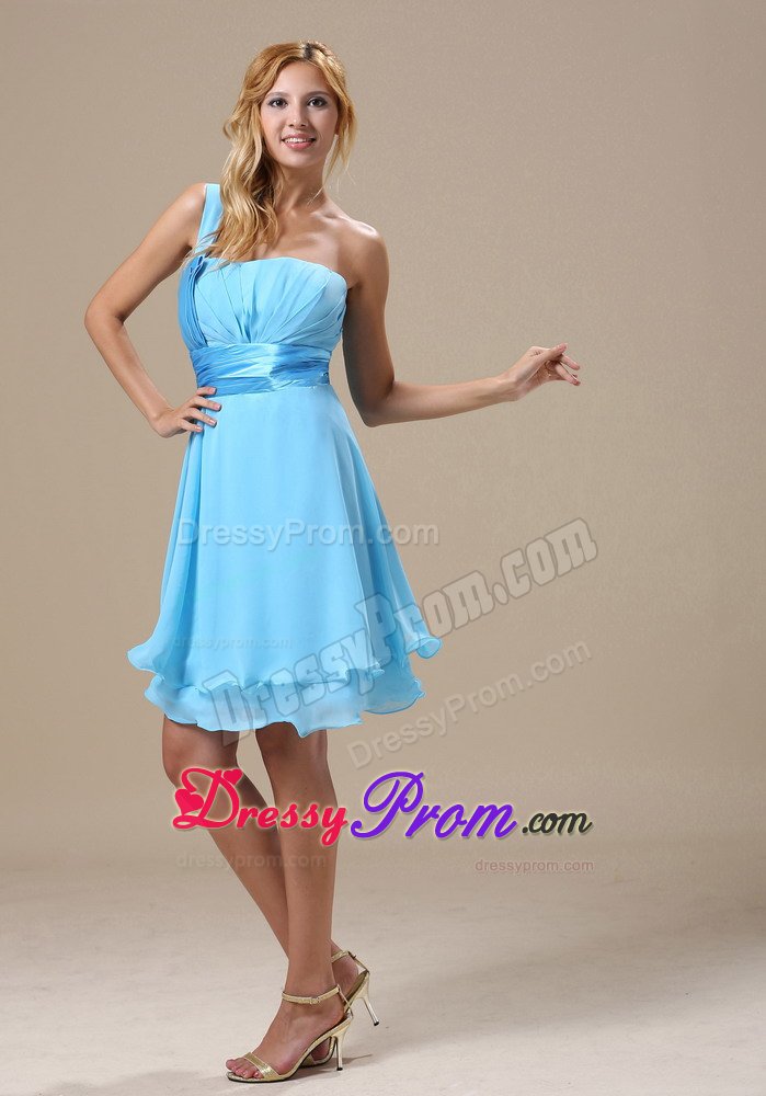 Cute Flounced Hem Light Blue Chiffon Prom Dress One Shoulder