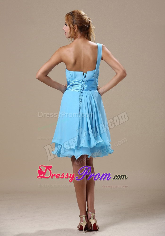 Cute Flounced Hem Light Blue Chiffon Prom Dress One Shoulder