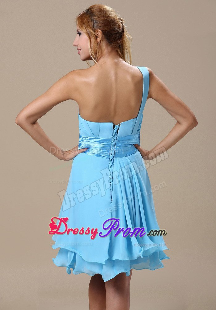 Cute Flounced Hem Light Blue Chiffon Prom Dress One Shoulder