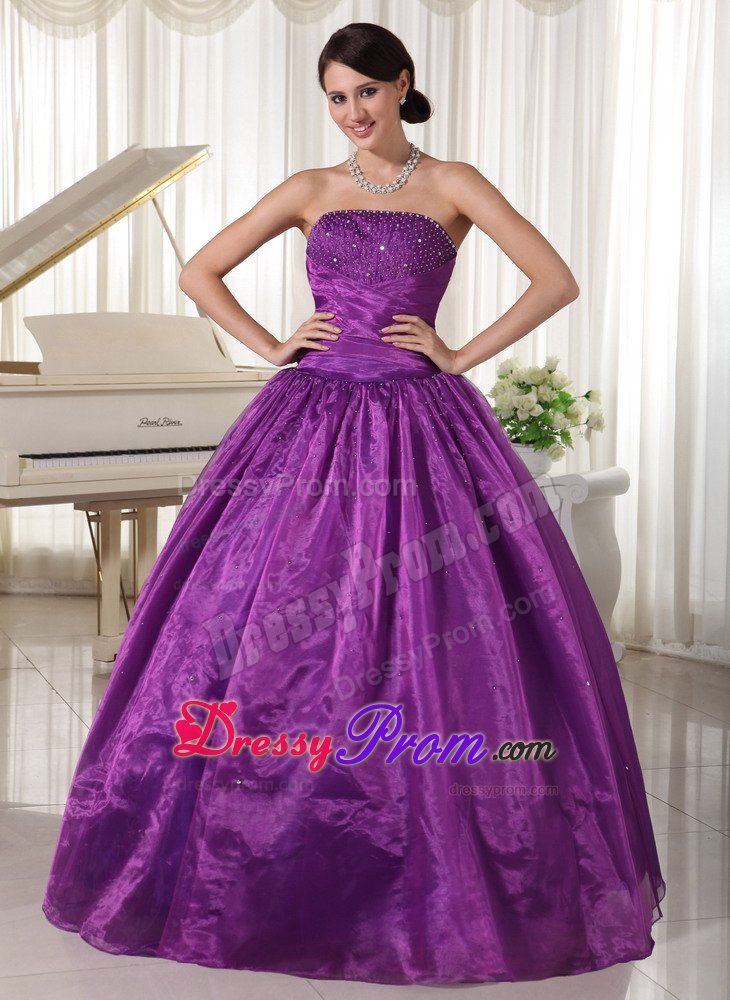 A-line Strapless Beaded Eggplant Purple formal Prom Dresses