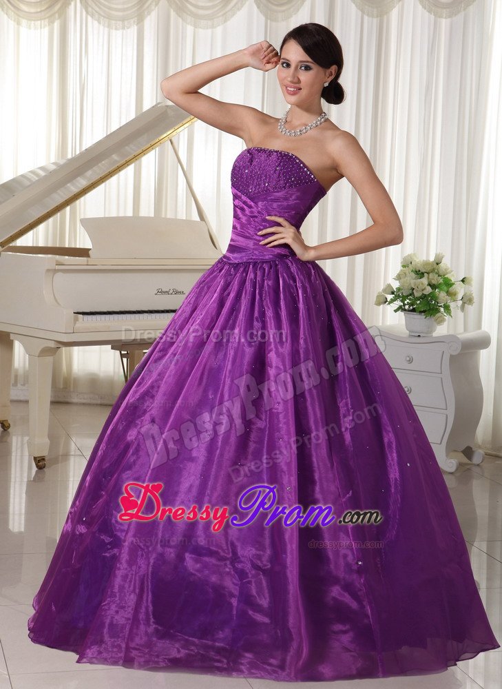 A-line Strapless Beaded Eggplant Purple formal Prom Dresses