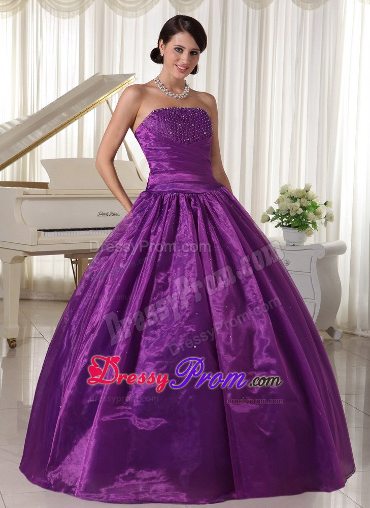A-line Strapless Beaded Eggplant Purple formal Prom Dresses