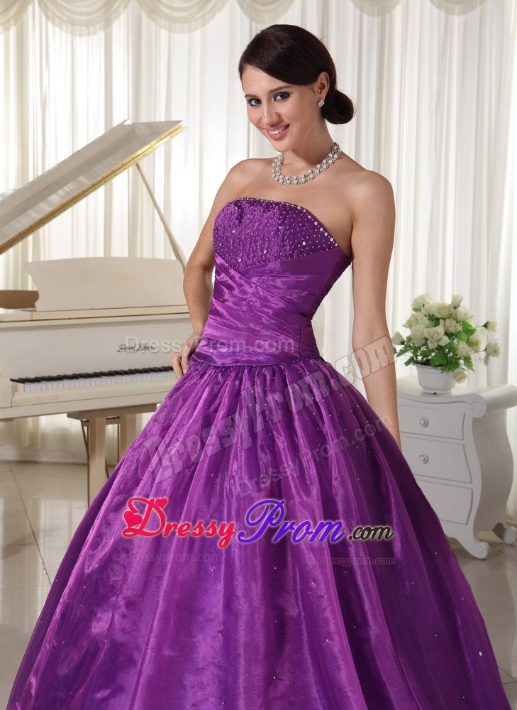 A-line Strapless Beaded Eggplant Purple formal Prom Dresses