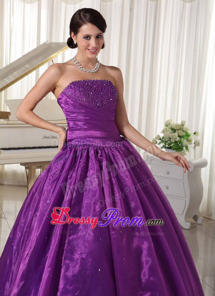 A-line Strapless Beaded Eggplant Purple formal Prom Dresses