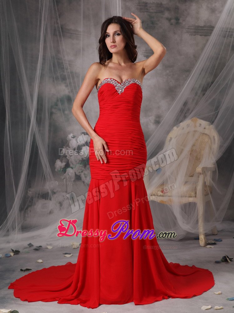 Mermaid Court Train Beaded Ruched Red Prom Dress for Girls