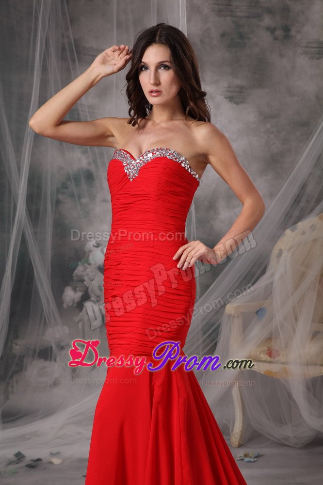 Mermaid Court Train Beaded Ruched Red Prom Dress for Girls