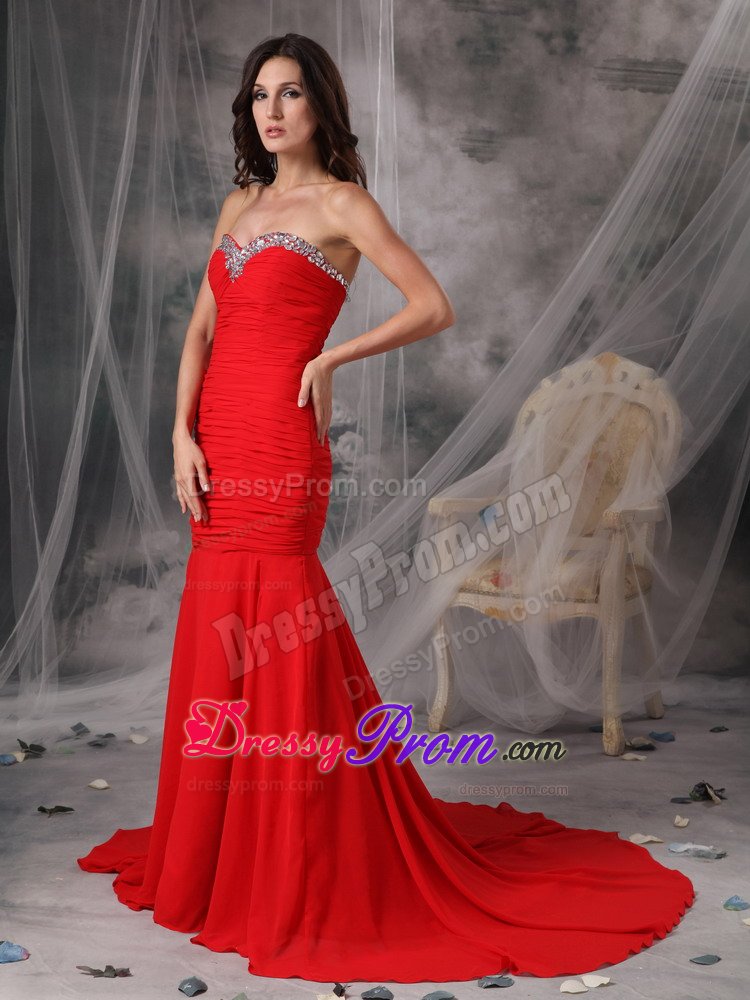 Mermaid Court Train Beaded Ruched Red Prom Dress for Girls