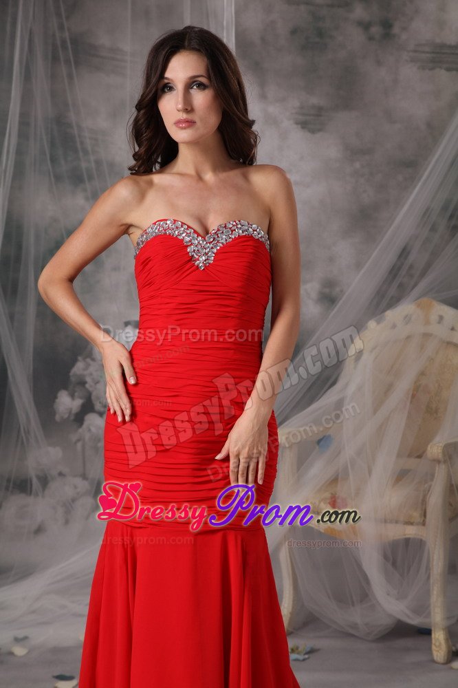Mermaid Court Train Beaded Ruched Red Prom Dress for Girls