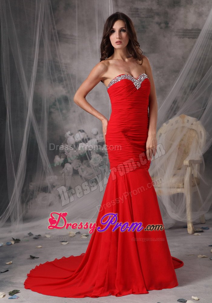 Mermaid Court Train Beaded Ruched Red Prom Dress for Girls