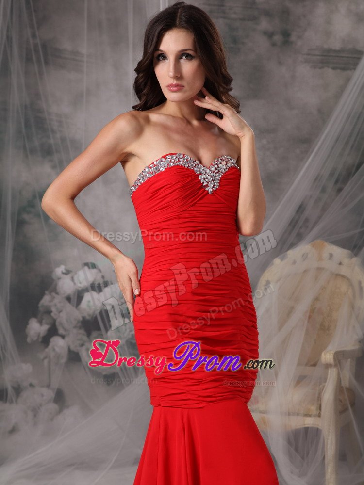 Mermaid Court Train Beaded Ruched Red Prom Dress for Girls
