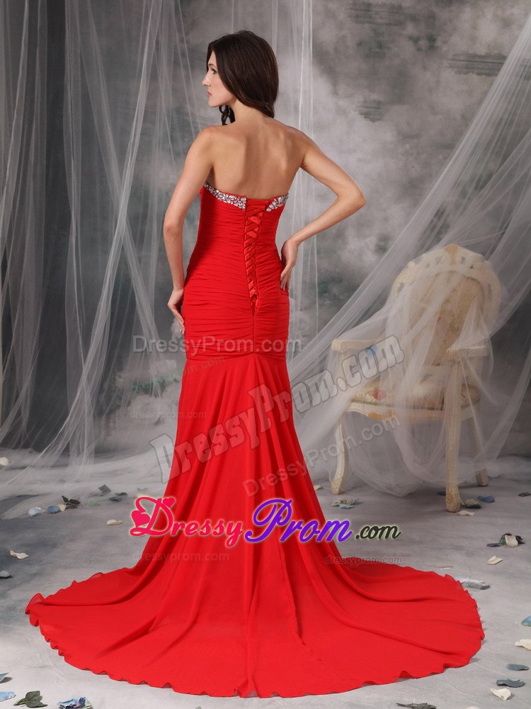 Mermaid Court Train Beaded Ruched Red Prom Dress for Girls