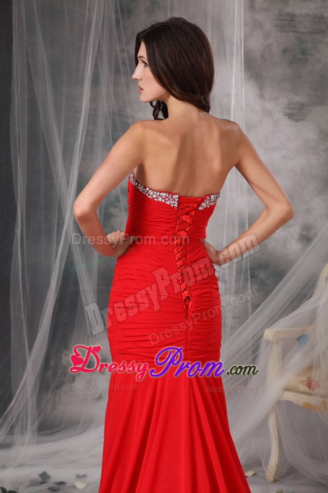 Mermaid Court Train Beaded Ruched Red Prom Dress for Girls