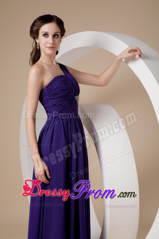 2014 One Shoulder Ruched Beaded Purple Prom Dress for Ladies
