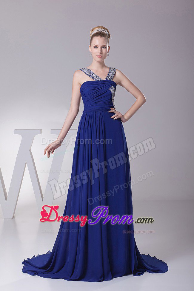 V-neck Beaded Ruched Blue Brush Train Prom Dress Factory