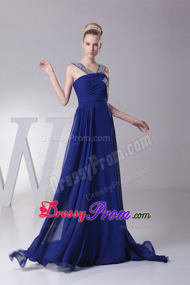 V-neck Beaded Ruched Blue Brush Train Prom Dress Factory