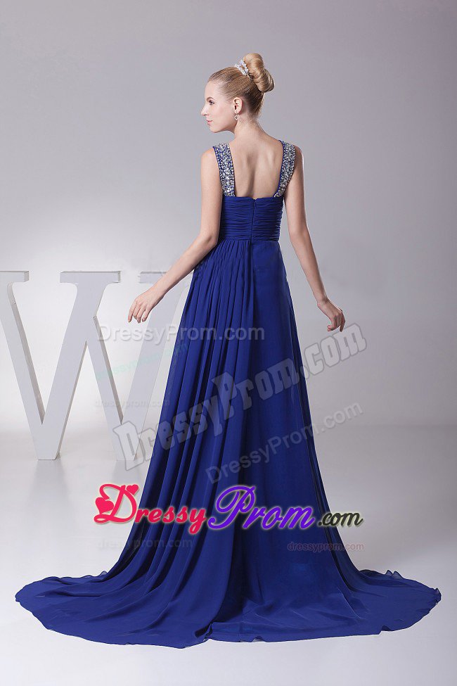 V-neck Beaded Ruched Blue Brush Train Prom Dress Factory