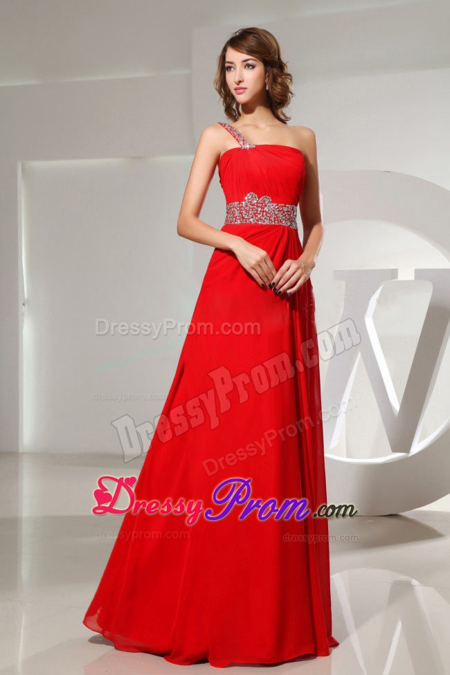 Cheap One Shoulder Red Beaded Ruched Long Prom Dress