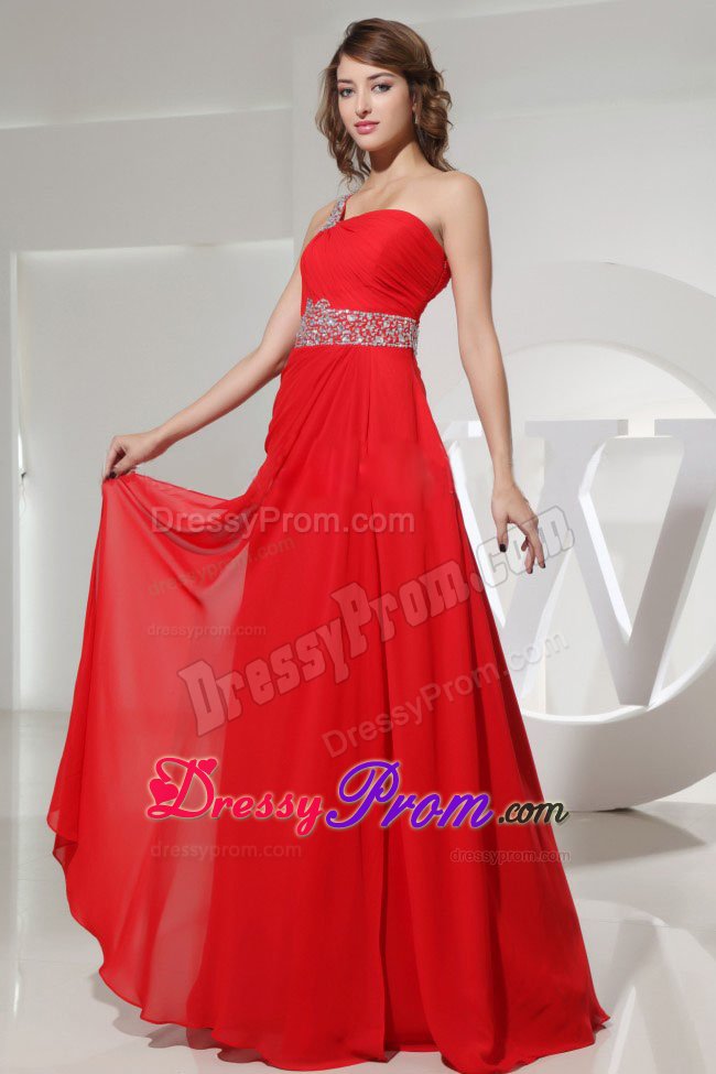 Cheap One Shoulder Red Beaded Ruched Long Prom Dress