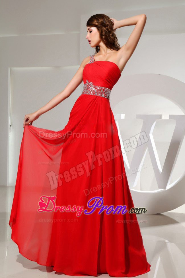 Cheap One Shoulder Red Beaded Ruched Long Prom Dress