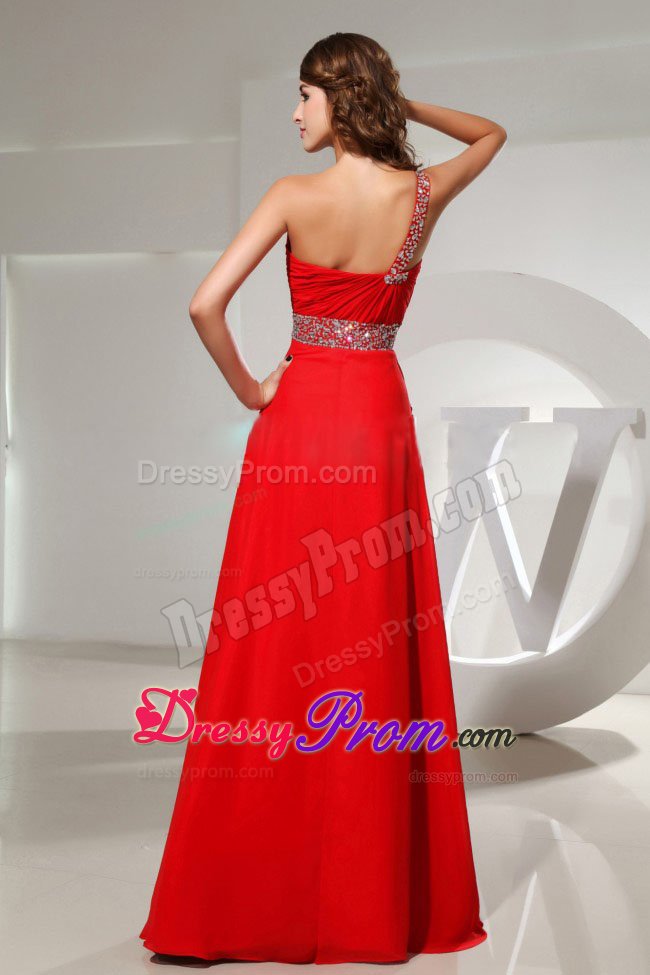 Cheap One Shoulder Red Beaded Ruched Long Prom Dress