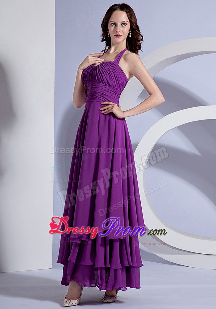 Chiffon Halter Zipper-up Ankle-length Purple Prom Holiday Dress