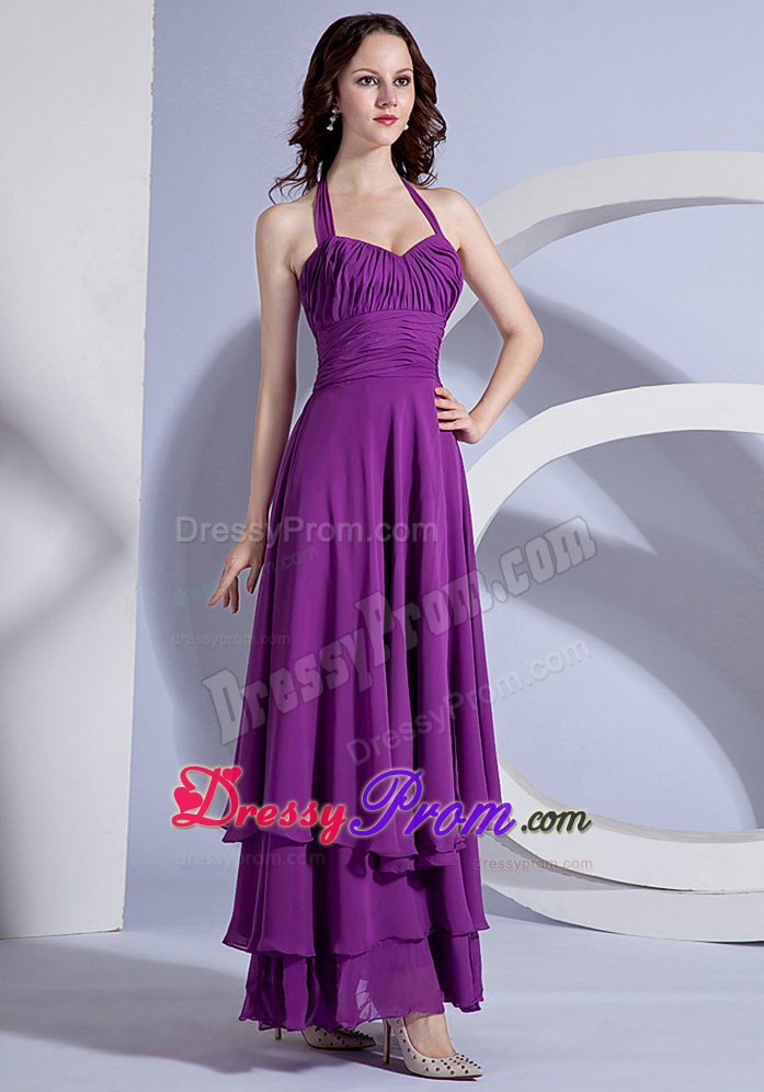 Chiffon Halter Zipper-up Ankle-length Purple Prom Holiday Dress