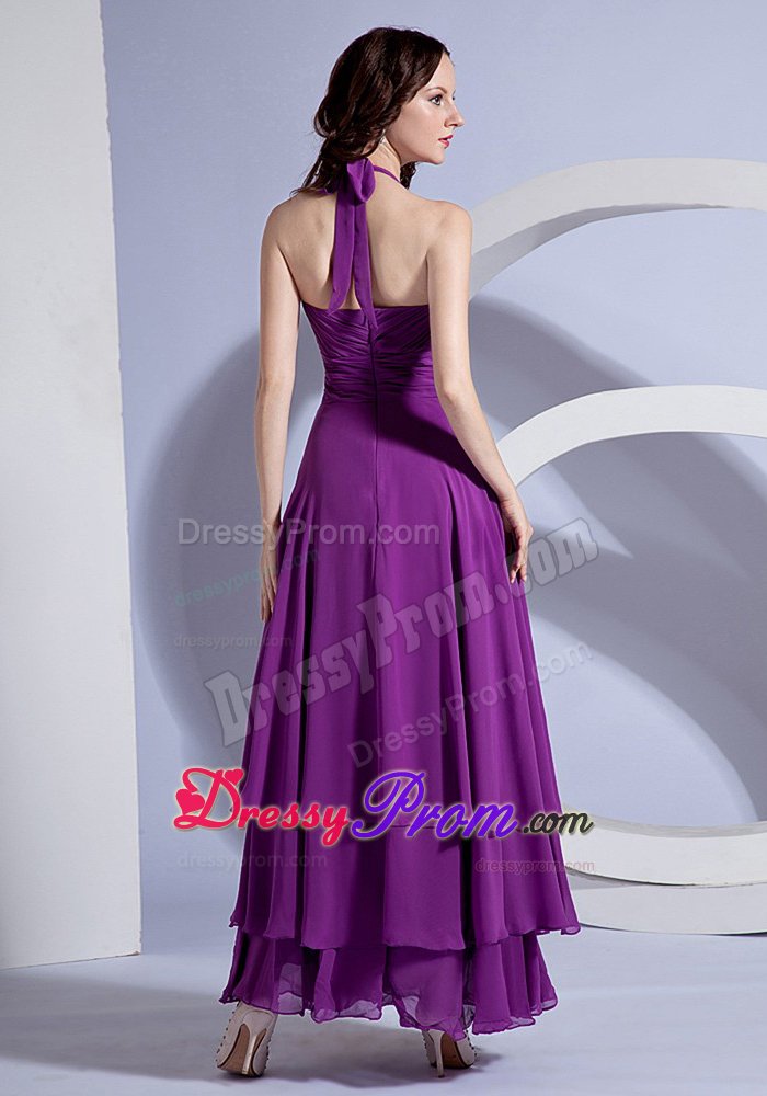 Chiffon Halter Zipper-up Ankle-length Purple Prom Holiday Dress