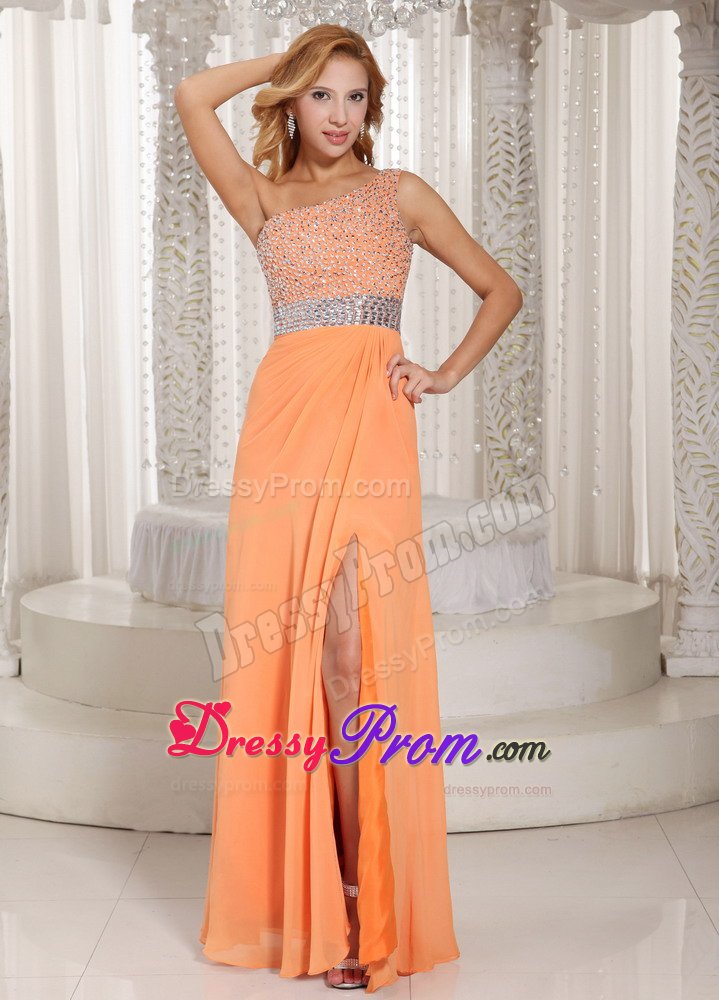 One Shoulder Beaded Slitted Orange Prom Dress under 150