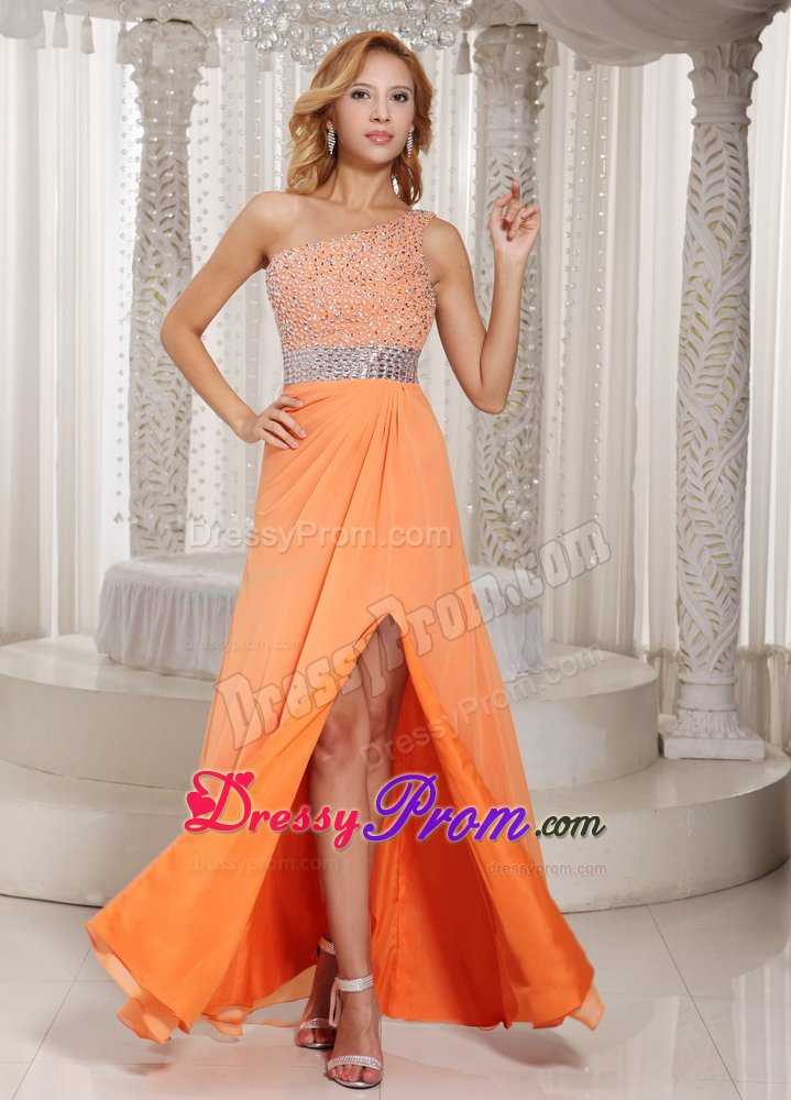 One Shoulder Beaded Slitted Orange Prom Dress under 150
