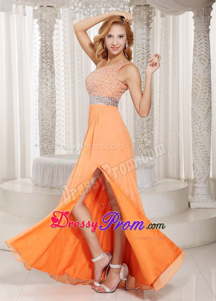 One Shoulder Beaded Slitted Orange Prom Dress under 150