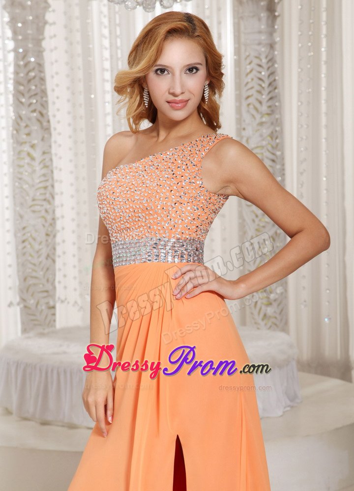One Shoulder Beaded Slitted Orange Prom Dress under 150