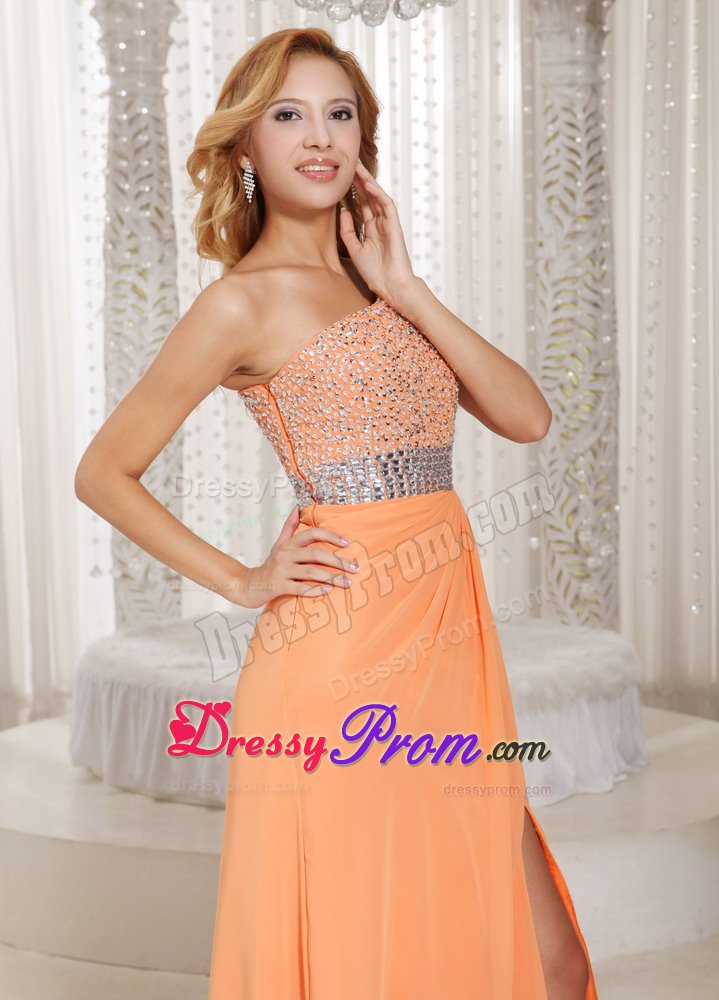 One Shoulder Beaded Slitted Orange Prom Dress under 150