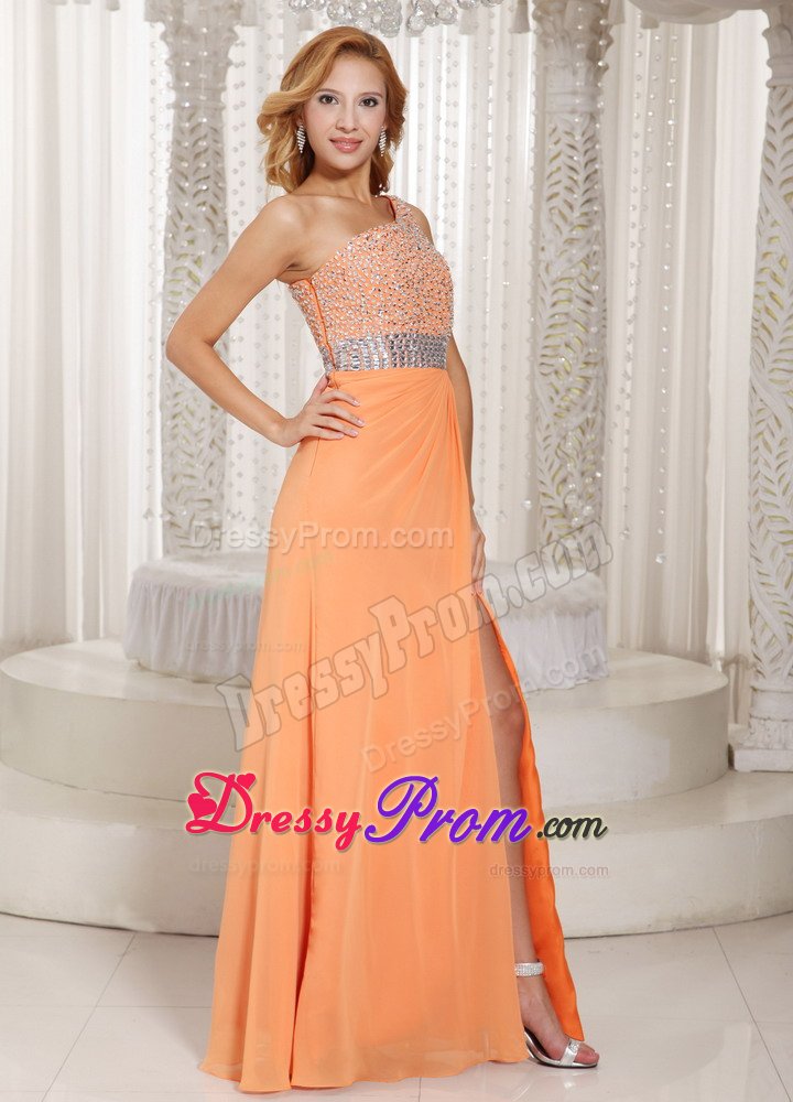 One Shoulder Beaded Slitted Orange Prom Dress under 150