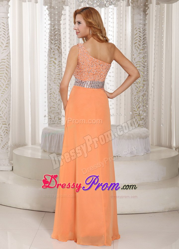 One Shoulder Beaded Slitted Orange Prom Dress under 150