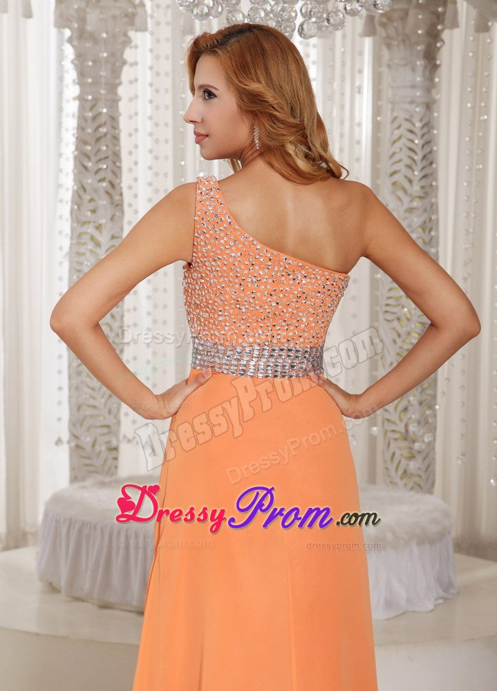 One Shoulder Beaded Slitted Orange Prom Dress under 150