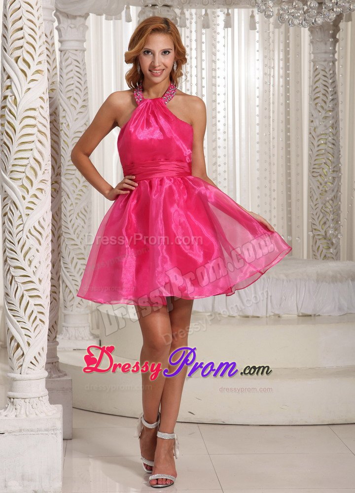 Organza Hot Pink Halter Beaded Short Prom Graduation Dress