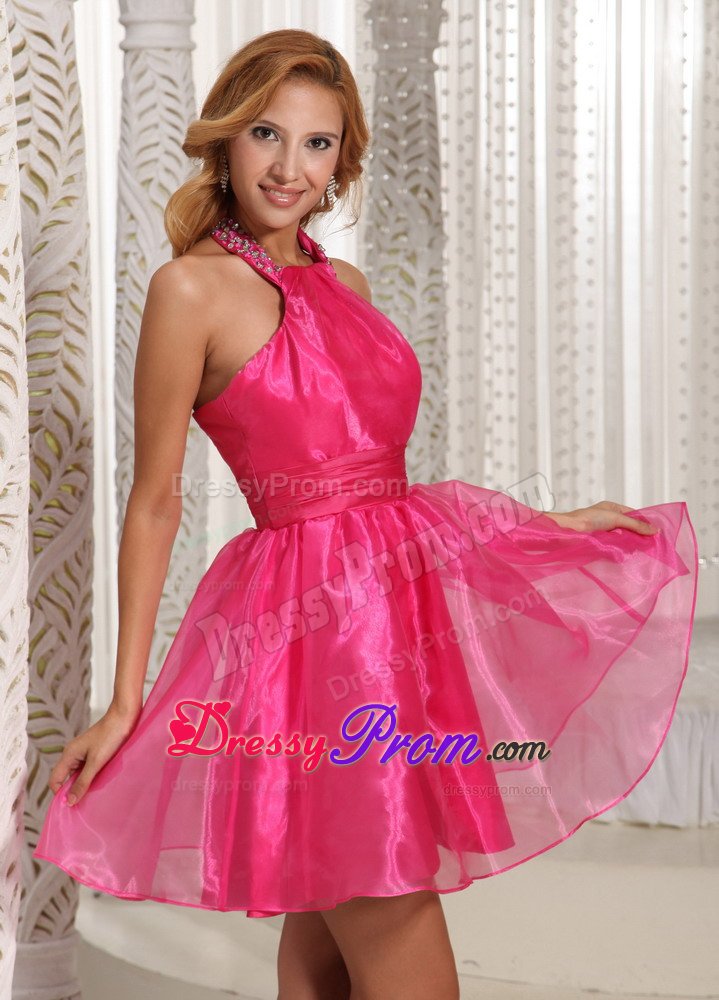 Organza Hot Pink Halter Beaded Short Prom Graduation Dress
