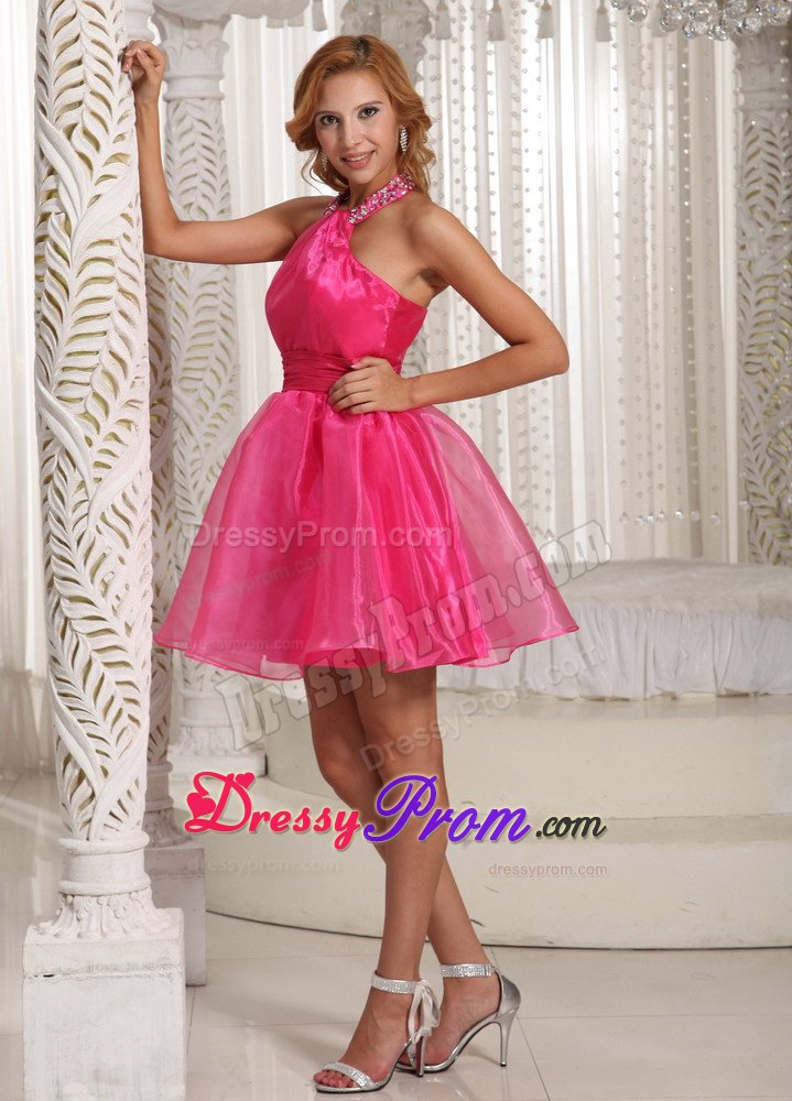Organza Hot Pink Halter Beaded Short Prom Graduation Dress