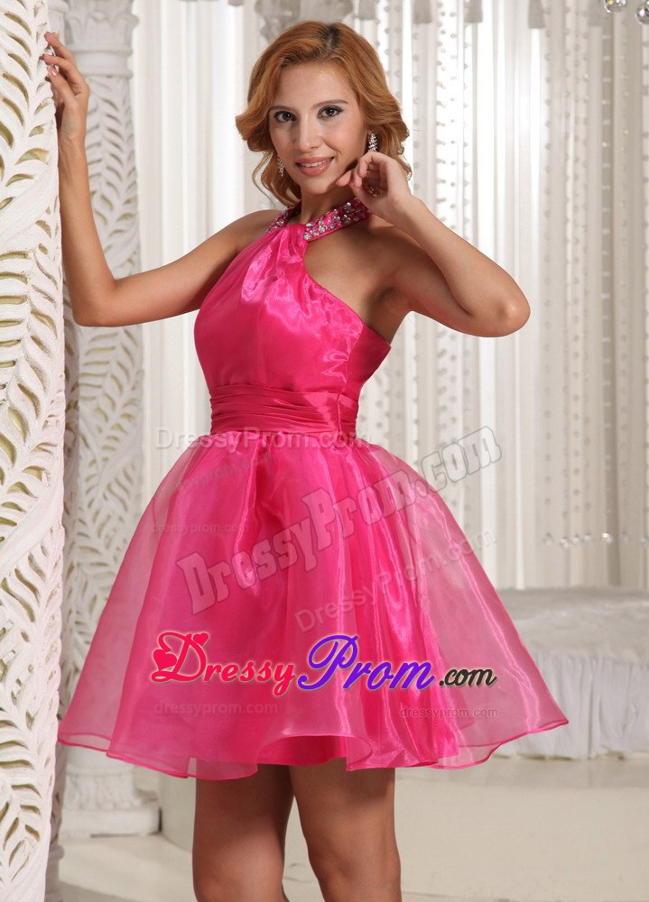 Organza Hot Pink Halter Beaded Short Prom Graduation Dress