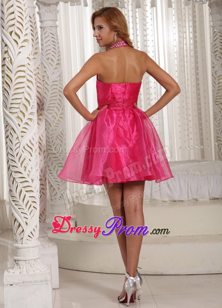 Organza Hot Pink Halter Beaded Short Prom Graduation Dress