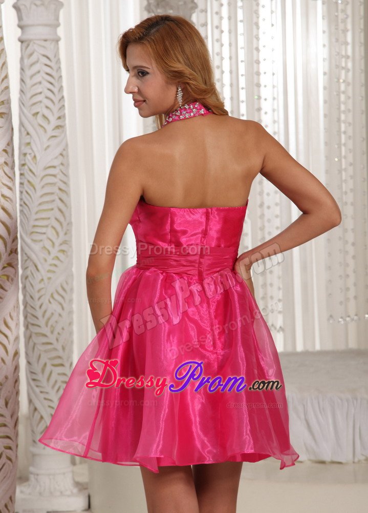 Organza Hot Pink Halter Beaded Short Prom Graduation Dress